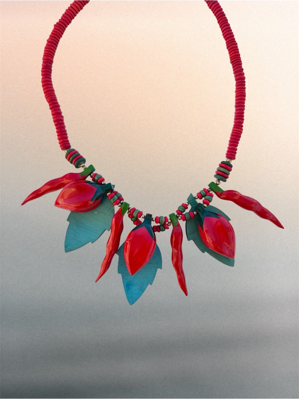 Hand Crafted Red Pepper and Green Leaf Wooden Beads Statement 20” Necklace - Picture 4 of 5